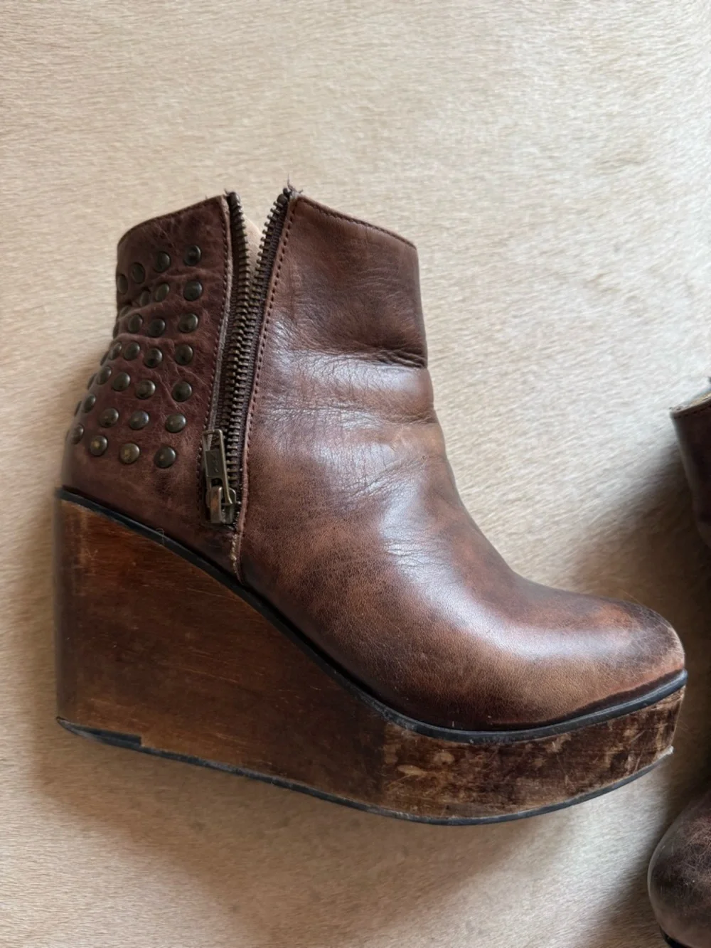 BED|STU Brown Leather Wedge Ankle Boot with Studded Heel